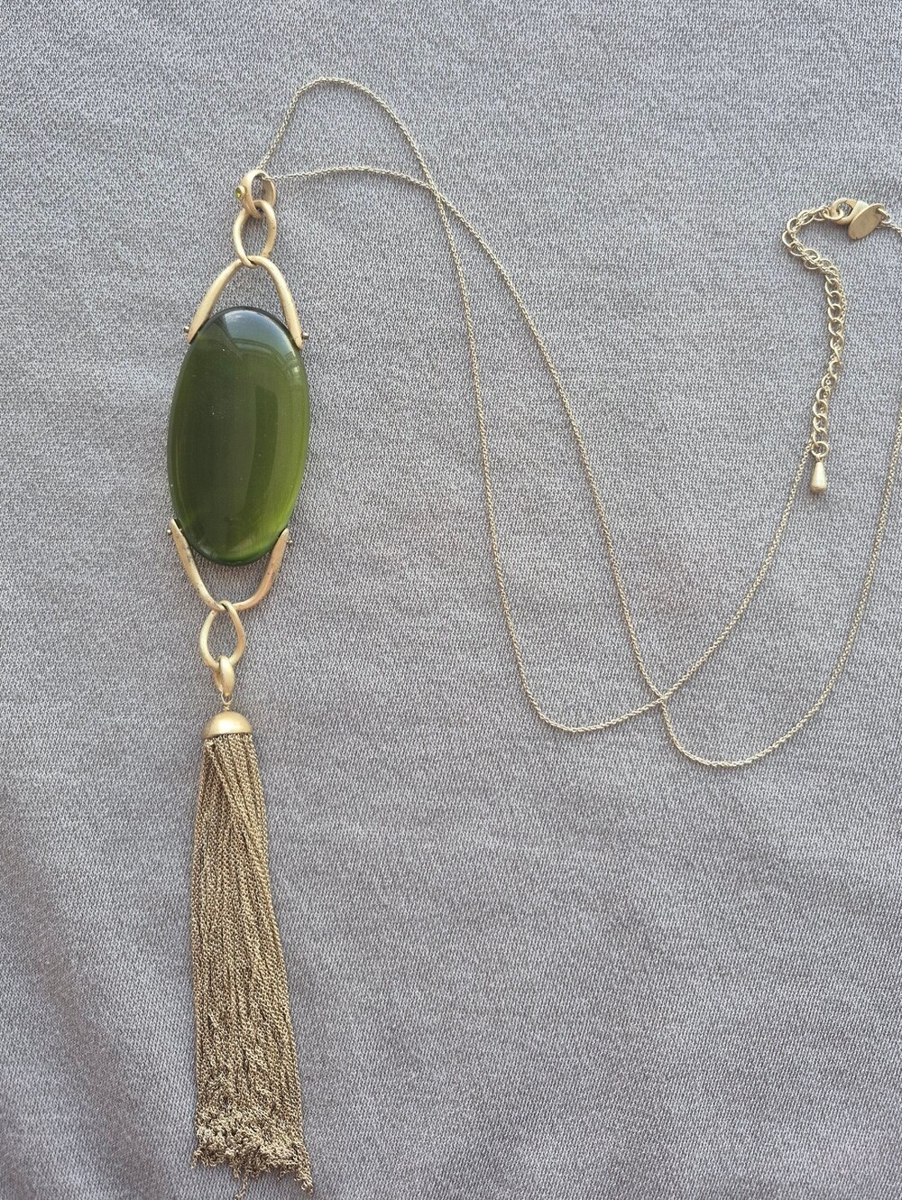 Gold-Tone Olive Green Tassel Pendant Necklace